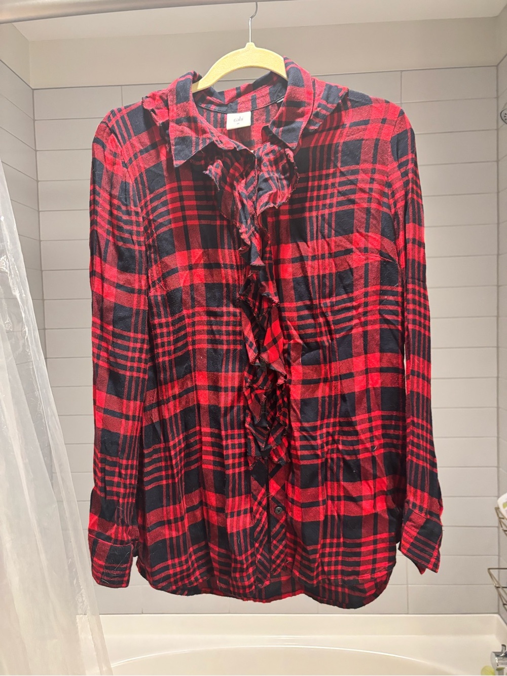 CAbi Red & Black Plaid Ruffle-Front Button-Down Shirt